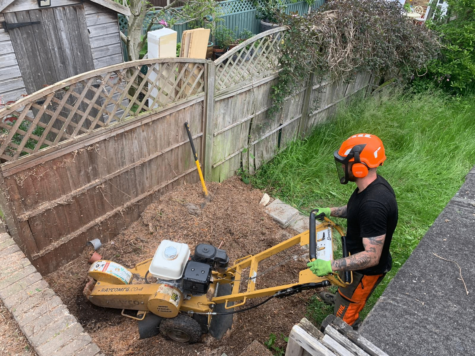Gildergreen operator in full PPE using a Rayco stump grinder to grind out a tree stump in a Bedfordshire garden